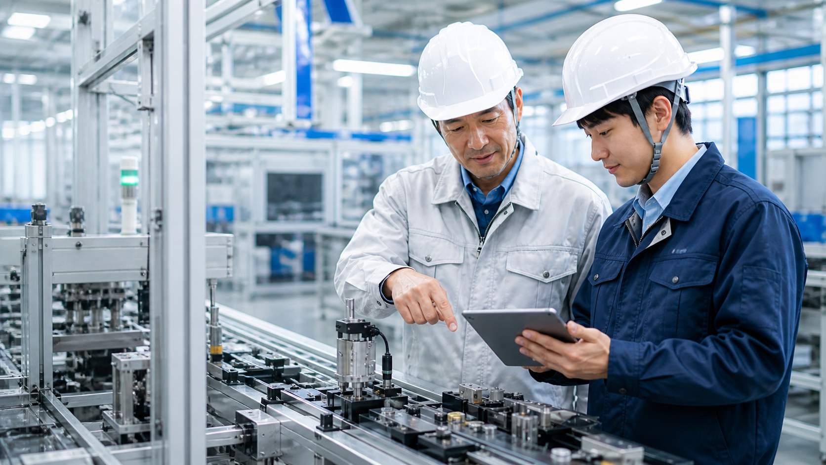 製造現場で生産工程の改善方法を共有する二人の技術者