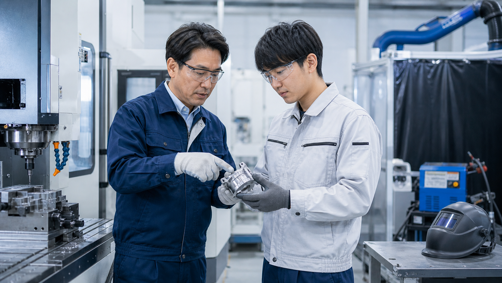 加工設備の前で金属部品を確認する二人の技術者